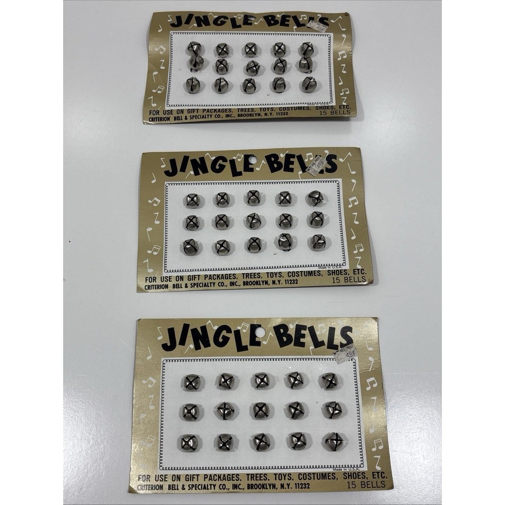 Vintage Jingle Bells On Card 3 Sizes 15 Silver Bells Made in USA Lot Of 3